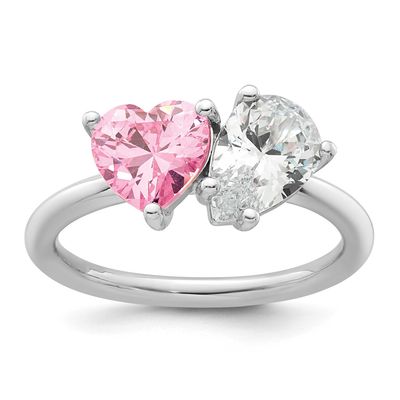 Pink White Heart and Pear-Shaped CZ Ring Sterling Silver Rhodium-Plated Polished, MPN: QR7686, UPC: