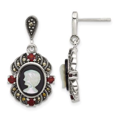 Marcasite Garnet Blk Agate and Mop Cameo Earrings Sterling Silver Antiqued, MPN: QG7181E, UPC: