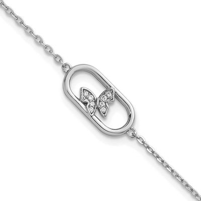 CZ Oval with Butterfly 7 Inch with 1 Inch Extension Bracelet Sterling Silver Rhodium-Plated, MPN: Q…