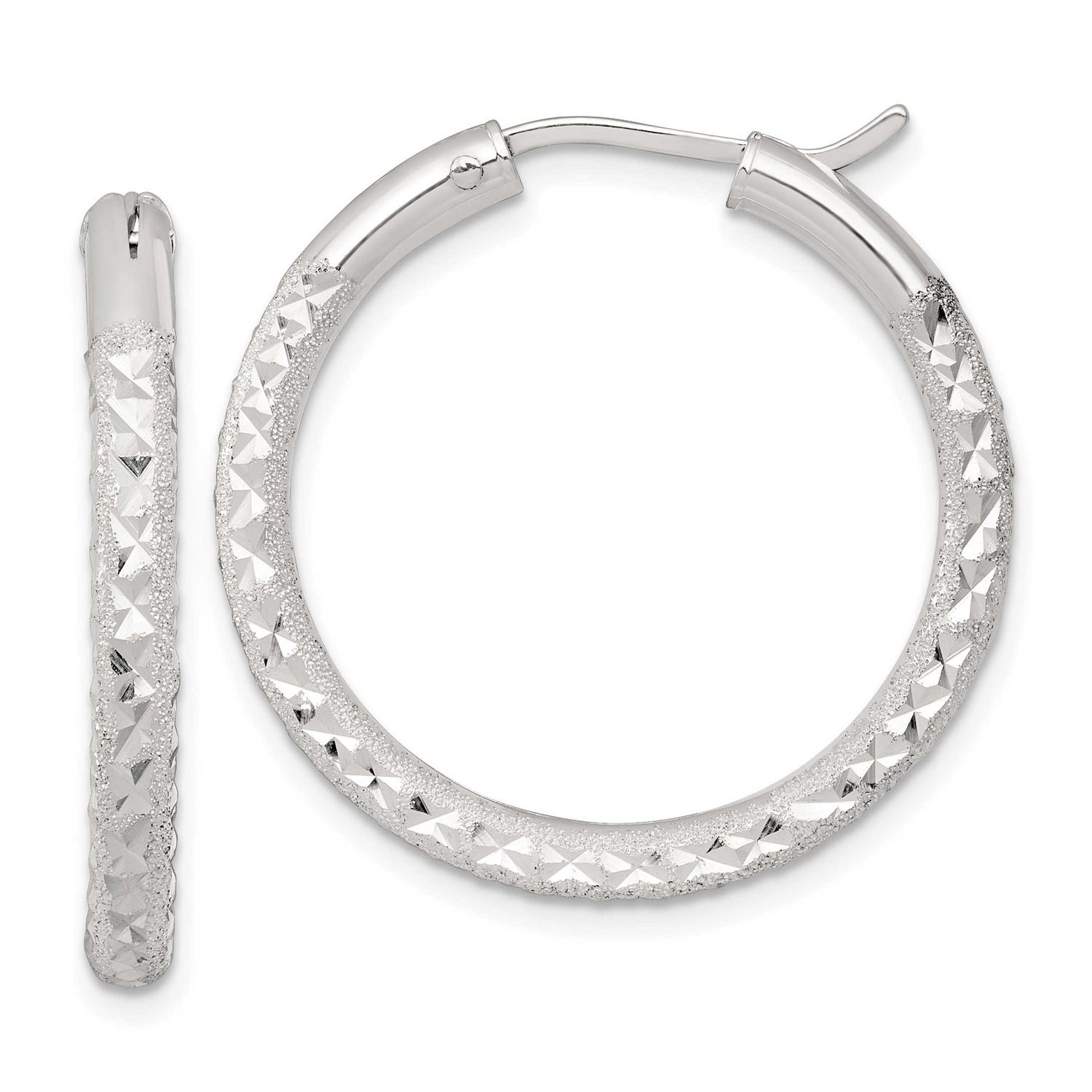 Laser and Diamond-Cut 30x3.25mm Hidden Catch Round Hoop Earrings Sterling Silver, MPN: QE17853, UPC: