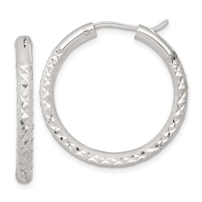 Laser and Diamond-Cut 30x3.25mm Hidden Catch Round Hoop Earrings Sterling Silver, MPN: QE17853, UPC: