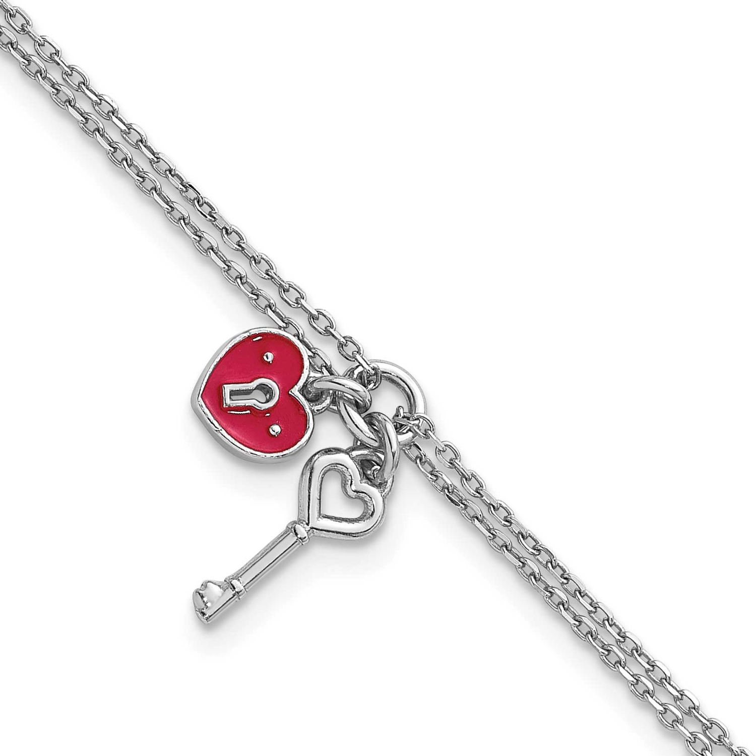 2 Strand Enamel Heart Lock Key with .75 Inch Extension Bracelet Sterling Silver Rhodium-Plated, MPN…