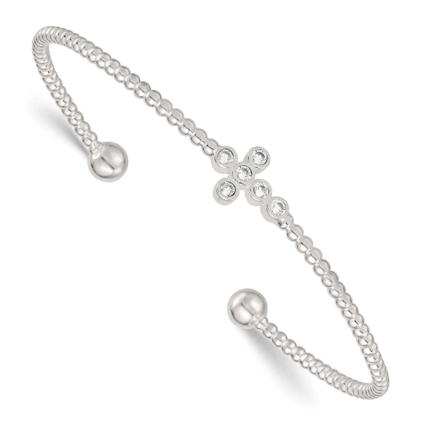 Beaded CZ Cross Cuff Bangle Sterling Silver Polished, MPN: QB1595, UPC: