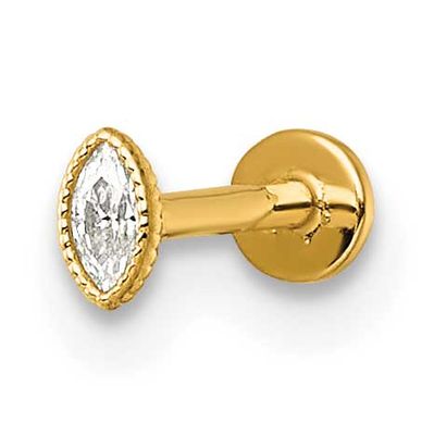 18 Gauge Polished and Textured Marquise-Cut CZ Labret Stud 14k Gold, MPN: BD308, UPC: