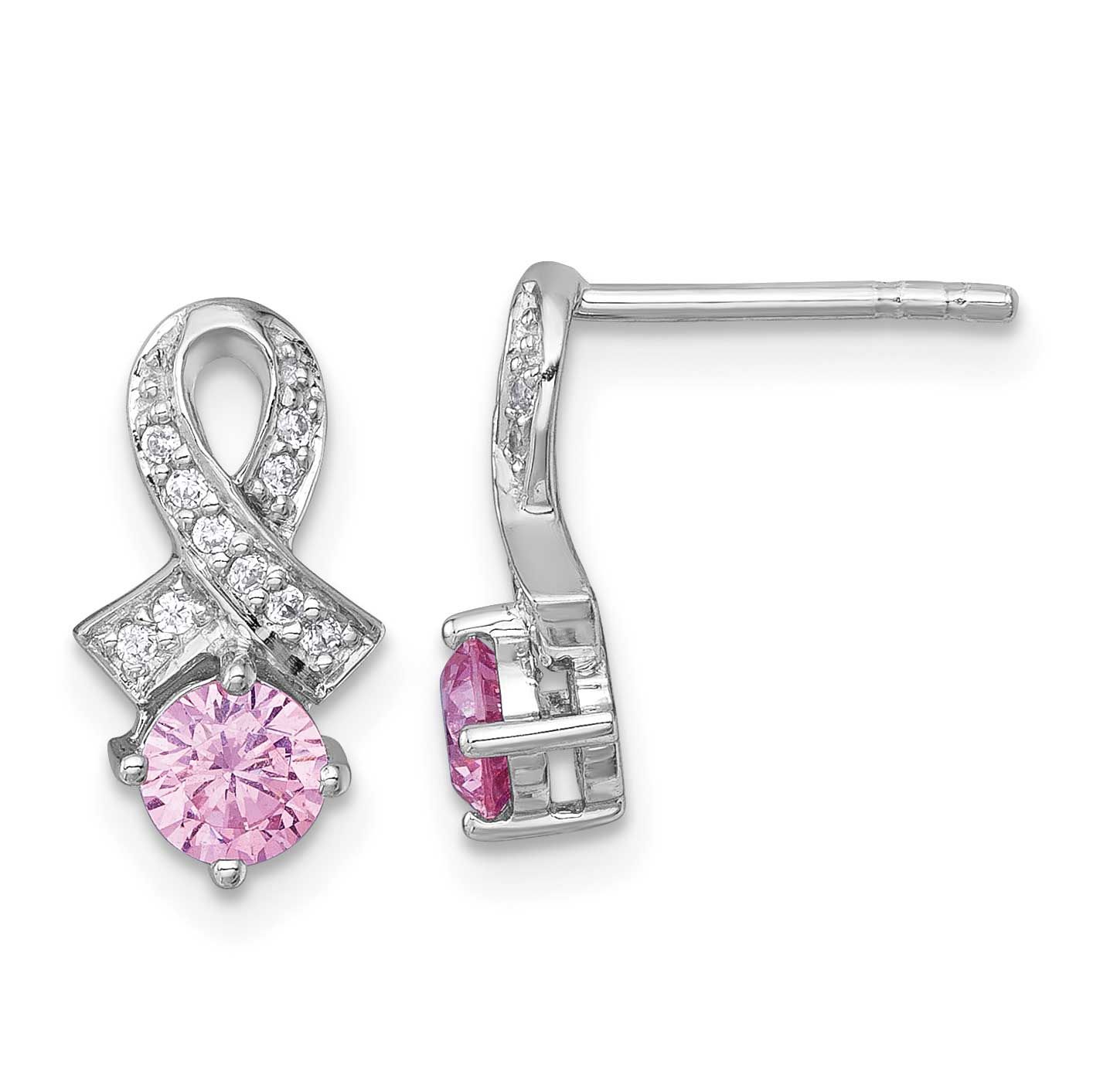 Polish Pink &amp; White CZ Awareness Ribbon Post Earrings Sterling Silver Rhodium-Plated, MPN: QG7239E,…