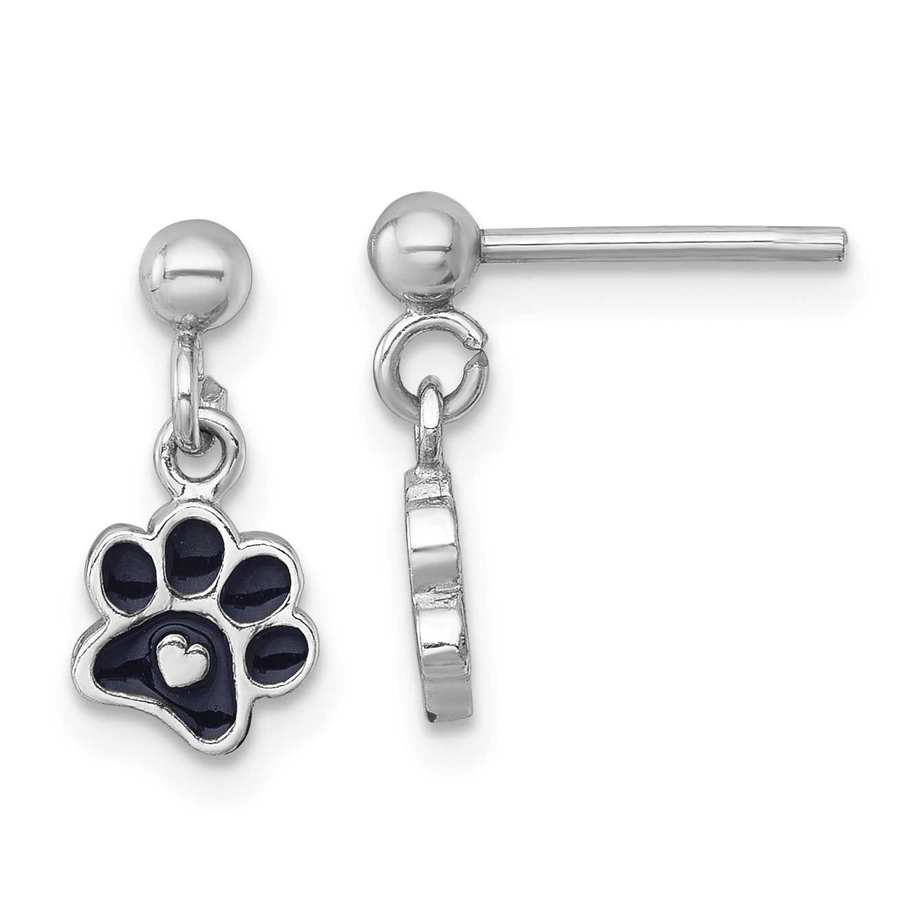 Enamel Black Paw Print with Heart Dangle Post Earrings Sterling Silver Rhodium-Plated Polished, MPN…