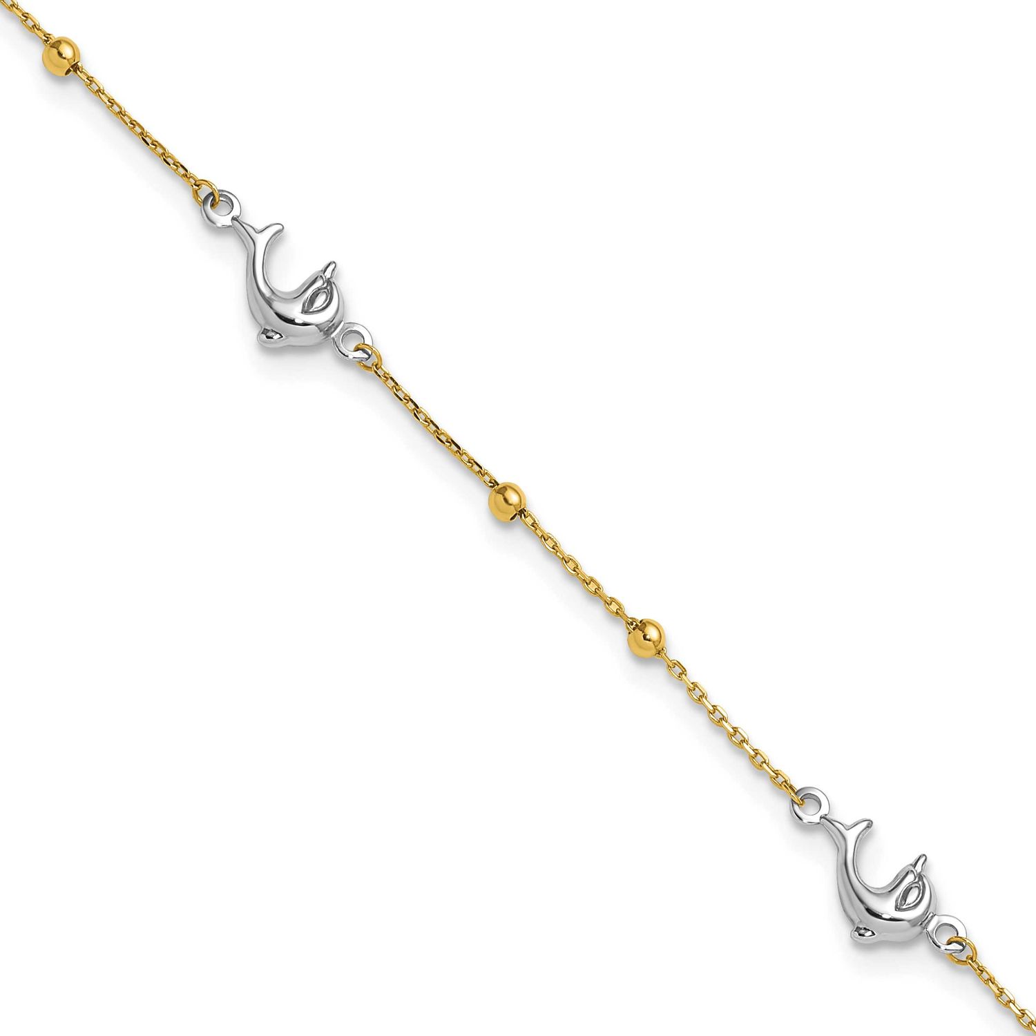 Bead &amp; Dolphin 9 Inch Plus 1 Inch Extension Anklet 14K Two Tone Gold Polished, MPN: ANK375-9, UPC: