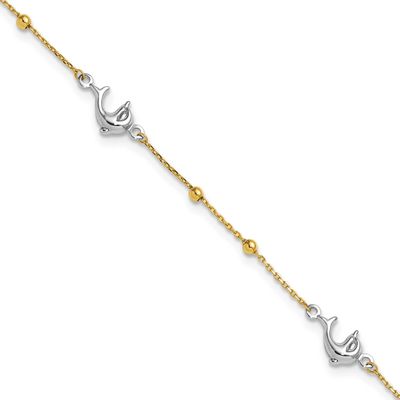 Bead &amp; Dolphin 9 Inch Plus 1 Inch Extension Anklet 14K Two Tone Gold Polished, MPN: ANK375-9, UPC: