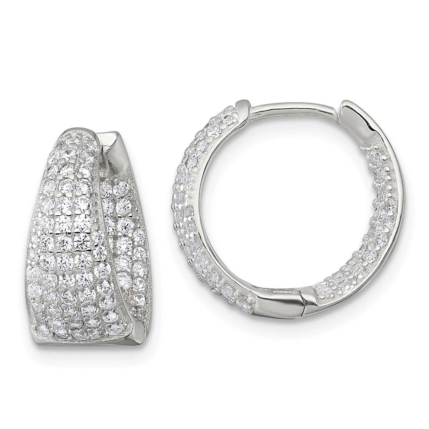 Tapered In and Out CZ Hinged Round Hoop Earrings Sterling Silver Polished, MPN: QE17954, UPC: