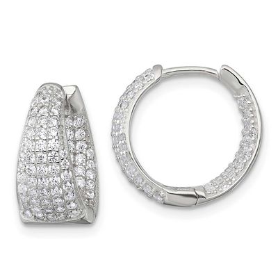 Tapered In and Out CZ Hinged Round Hoop Earrings Sterling Silver Polished, MPN: QE17954, UPC:
