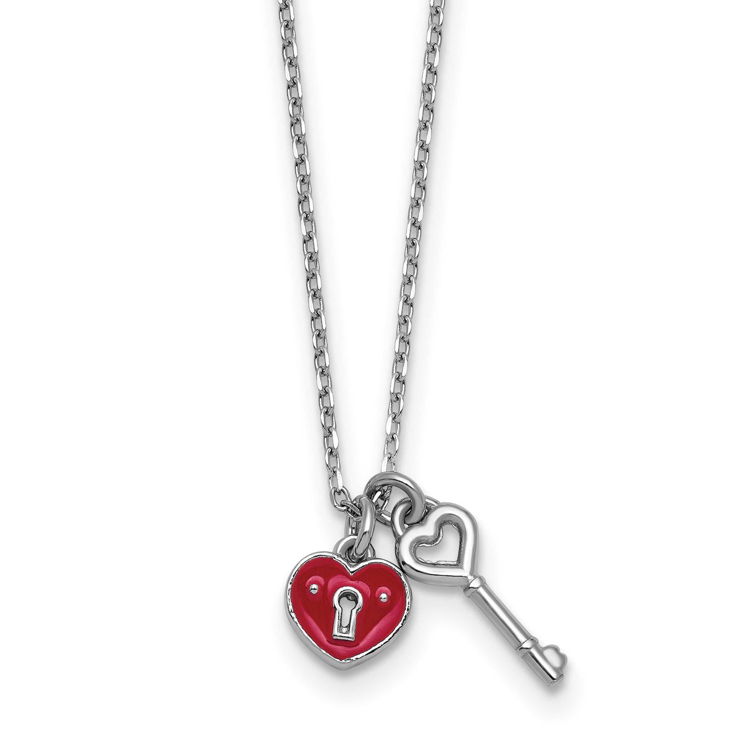 Enamel Heart Lock with Key 16 Inch with 1 Inch Extension Necklace Sterling Silver Rhodium-Plated, M…