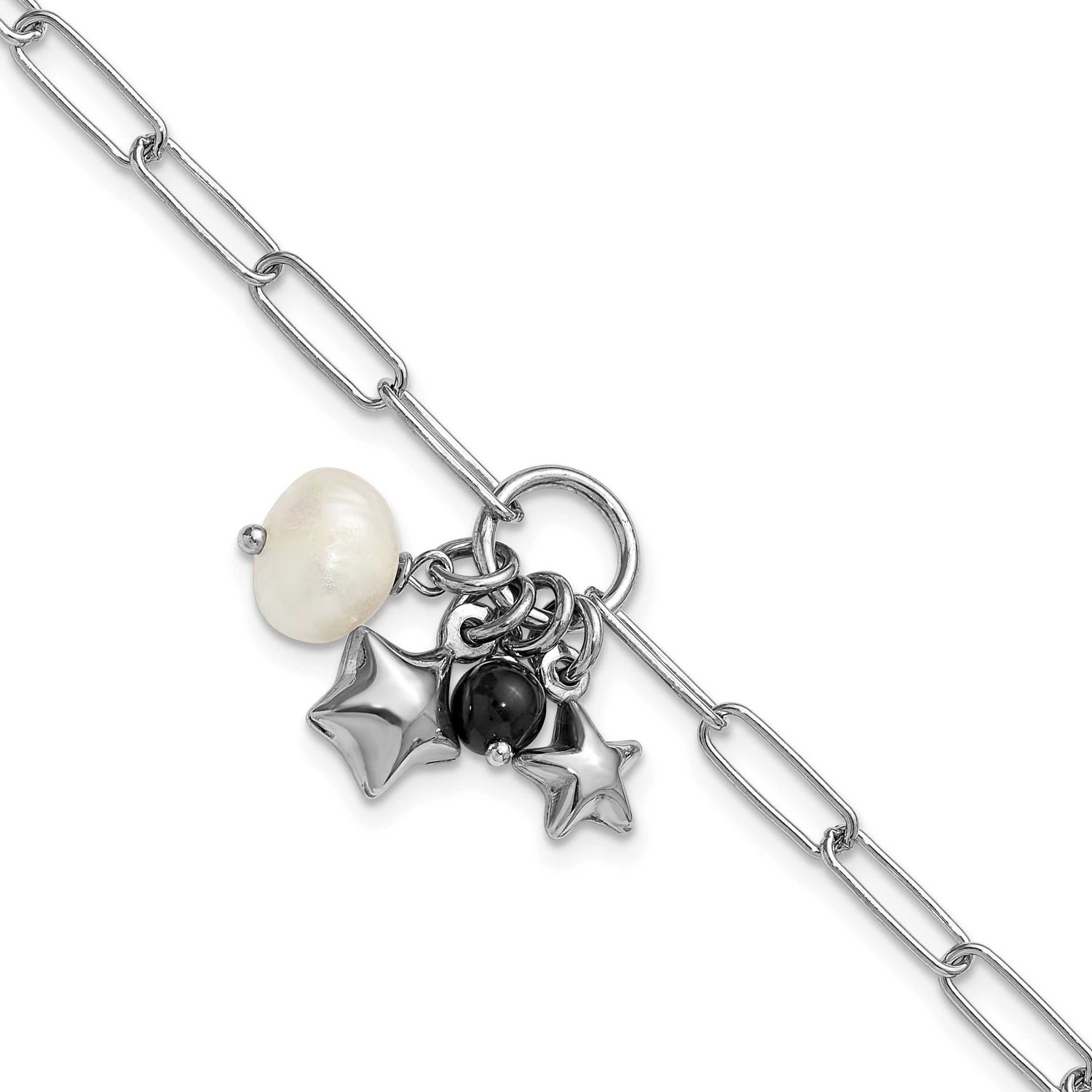 Fwc Pearl Stars Acrylic Bead 6.75 Inch with 1 Inch Extender Paperclip Bracelet Sterling Silver Rhod…