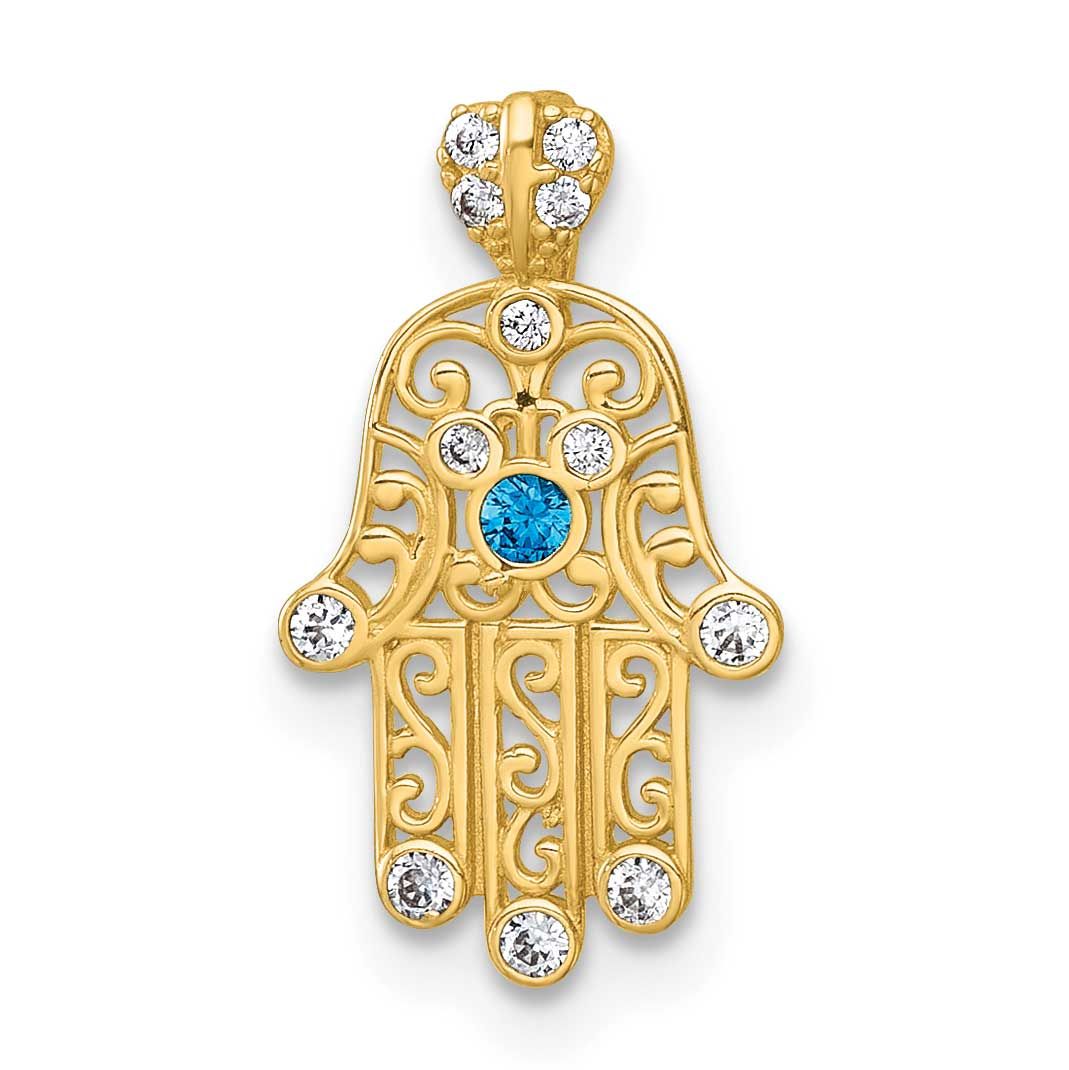 White and Blue CZ Hamsa Chain Slide Pendant 16.6 Inch 14k Gold Polished, MPN: XR2192, UPC: