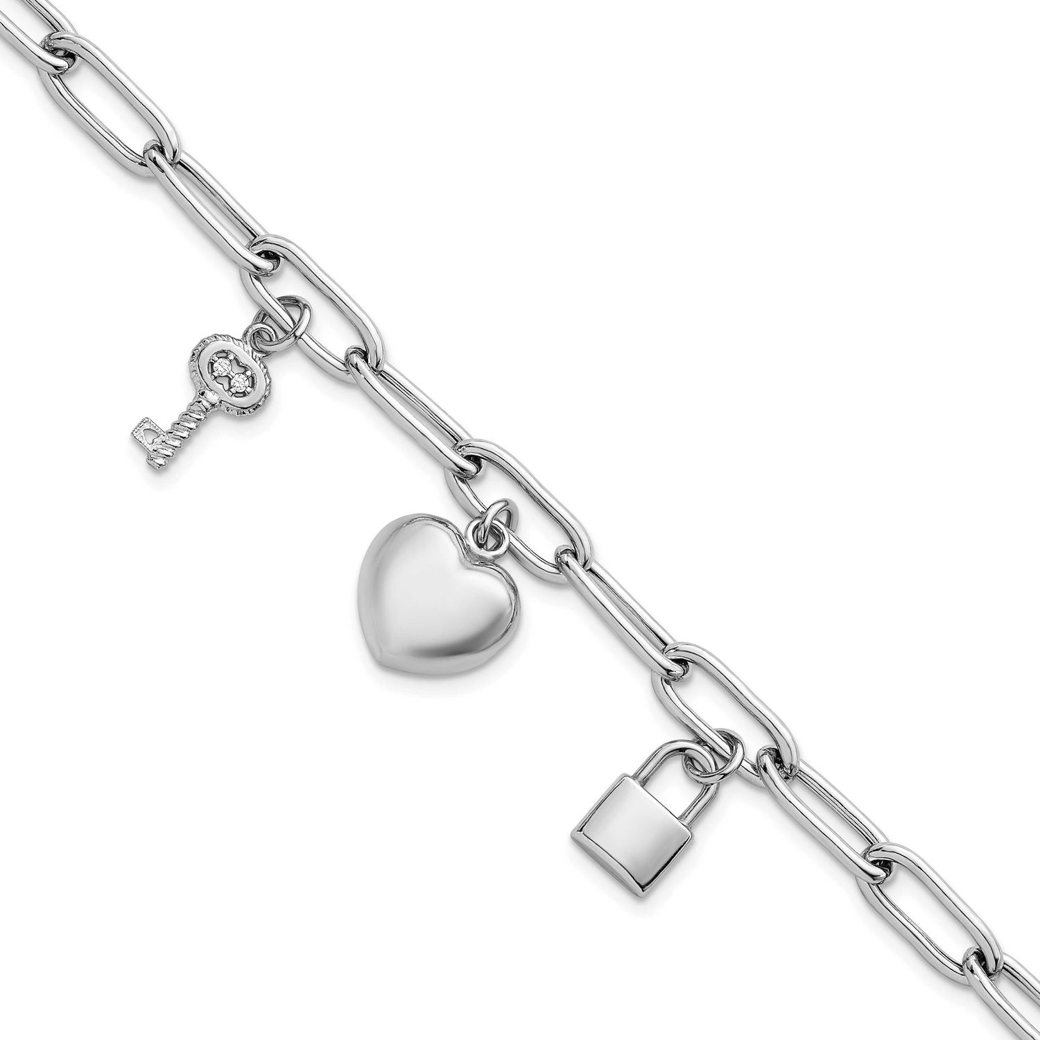 Heart Lock and Key CZ Paperclip 7.5 Inch Bracelet Sterling Silver Rhodium-Plated, MPN: QG6834-7.5, …