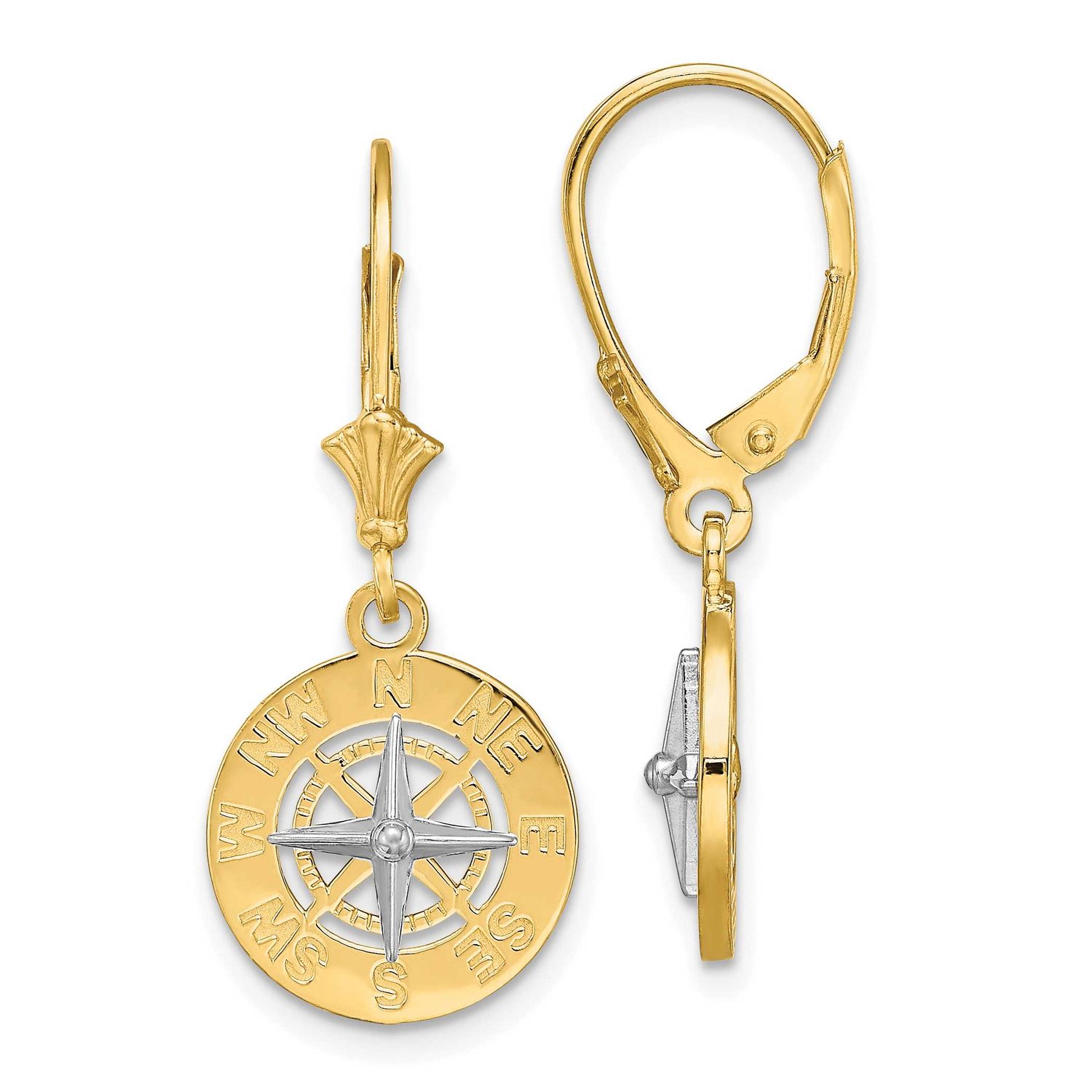 Mini Nautical Compass Leveback Earrings 14k Gold with Rhodium, MPN: TF1859, UPC: 637218185436