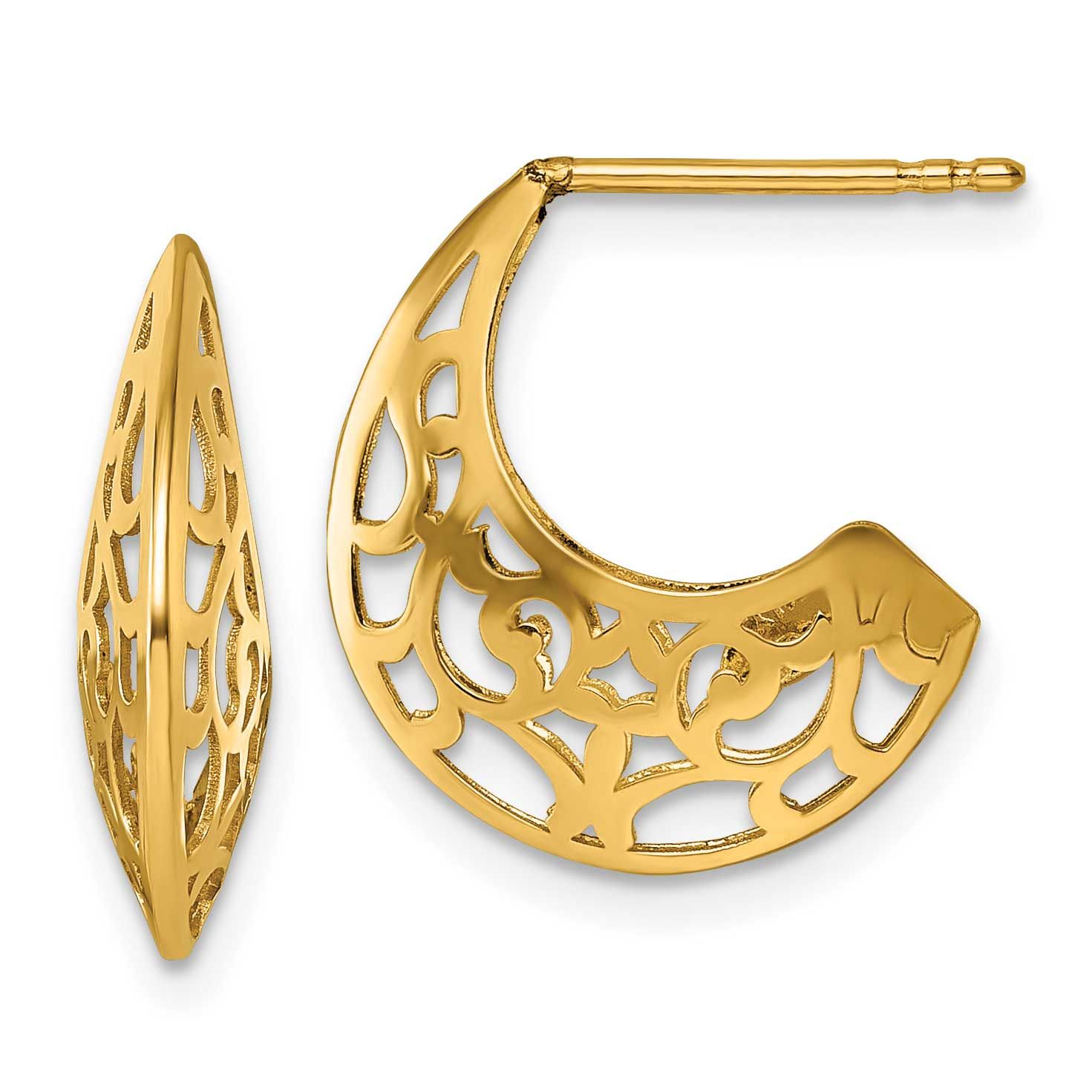 Fancy Cut Out Design Post J-Hoop Earrings 14k Gold Polished, MPN: TF2565, UPC: