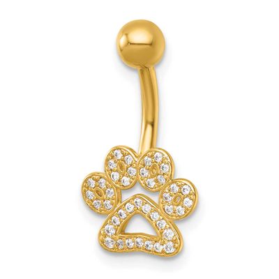 14 Gauge Polished CZ Pawprint Navel Ring 14k Gold, MPN: BD331, UPC: