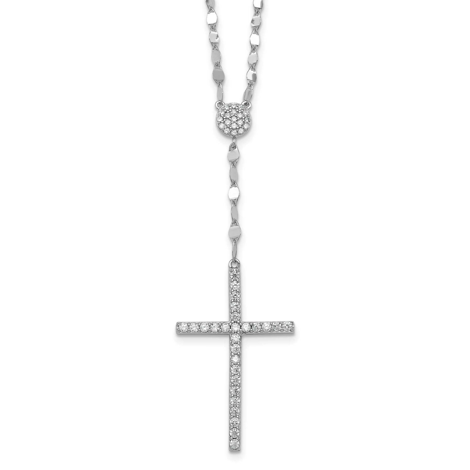 CZ Cross 16 Inch with 2 Inch Extension Necklace Sterling Silver Rhodium-Plated Polished, MPN: QG711…