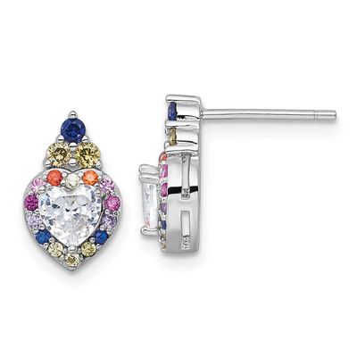 Multicolor CZ Heart Post Earrings Sterling Silver Rhodium-Plated Polished, MPN: QG7204E, UPC: