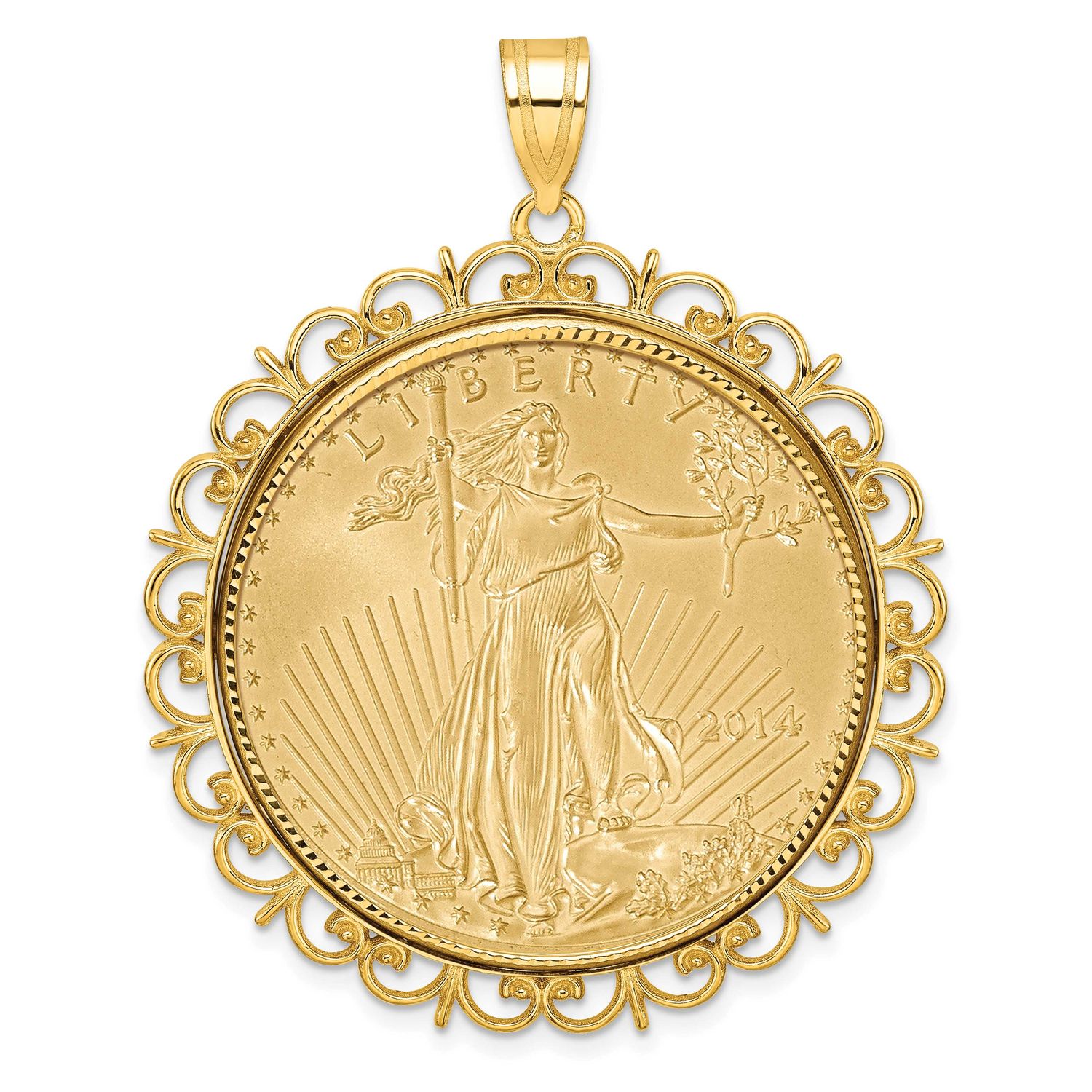 Fancy Diamond-Cut Prong Mounted 1Oz American Eagle Coin Bezel Pendant 14k Gold, MPN: C8190D_32.7C, …