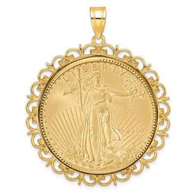 Fancy Diamond-Cut Prong Mounted 1Oz American Eagle Coin Bezel Pendant 14k Gold, MPN: C8190D_32.7C, …
