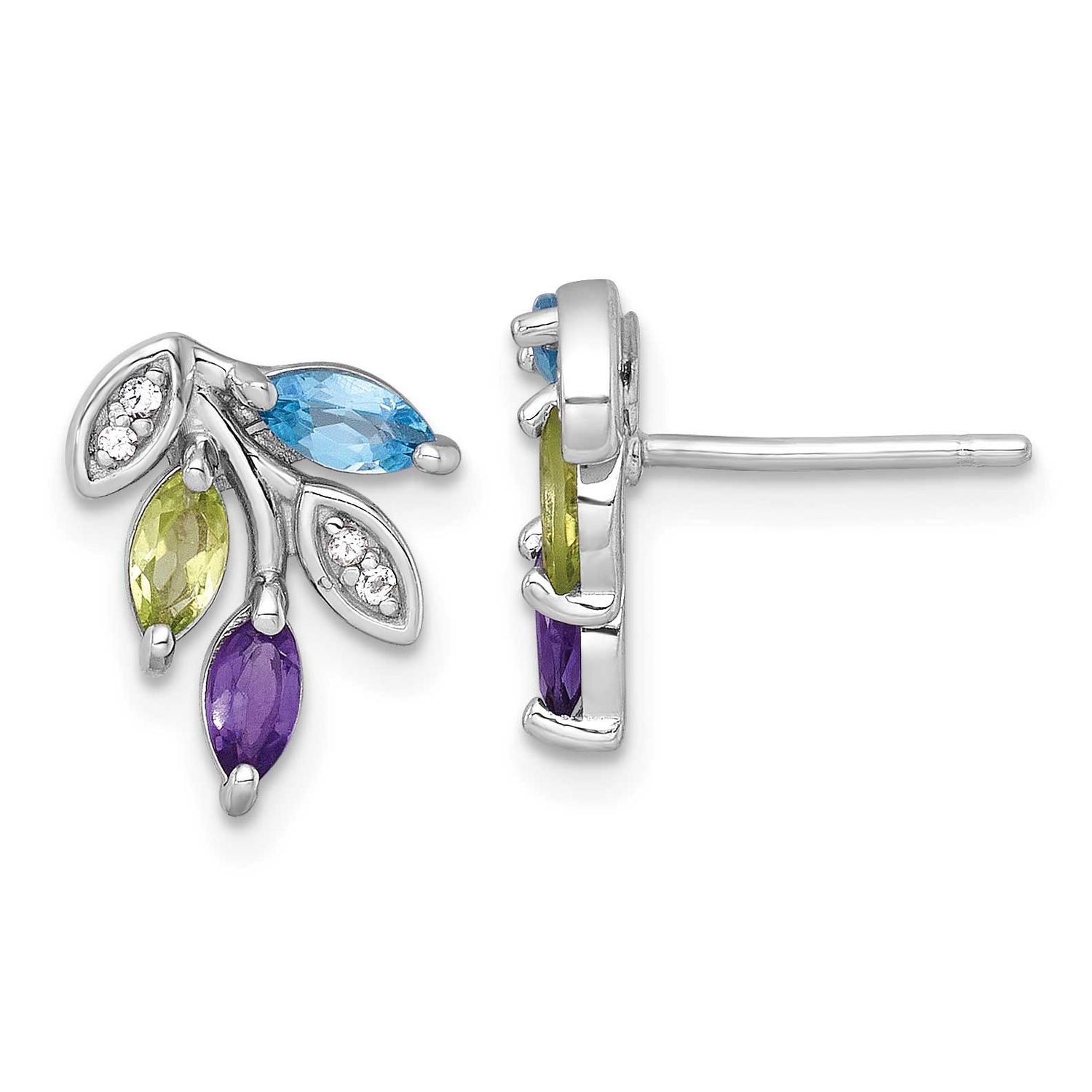 Polished Amethyst Peridot and Blue and White Topaz Leaf Post Earrings Sterling Silver Rhodium-Plate…