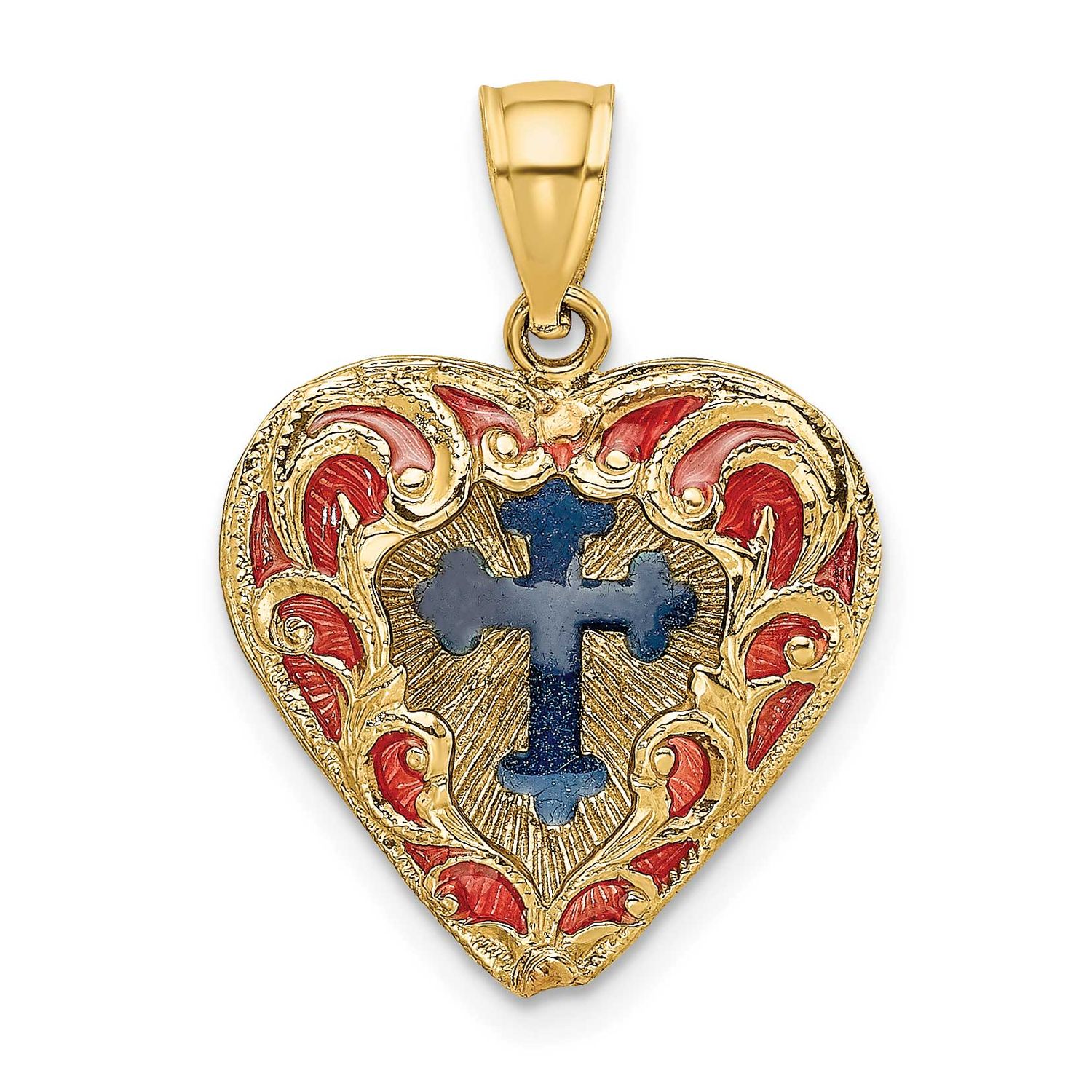 Reversible Red and Blue Enameled Cross In Heart Charm 14k Gold, MPN: K8627, UPC: 637218144150