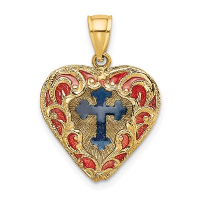Reversible Red and Blue Enameled Cross In Heart Charm 14k Gold, MPN: K8627, UPC: 637218144150