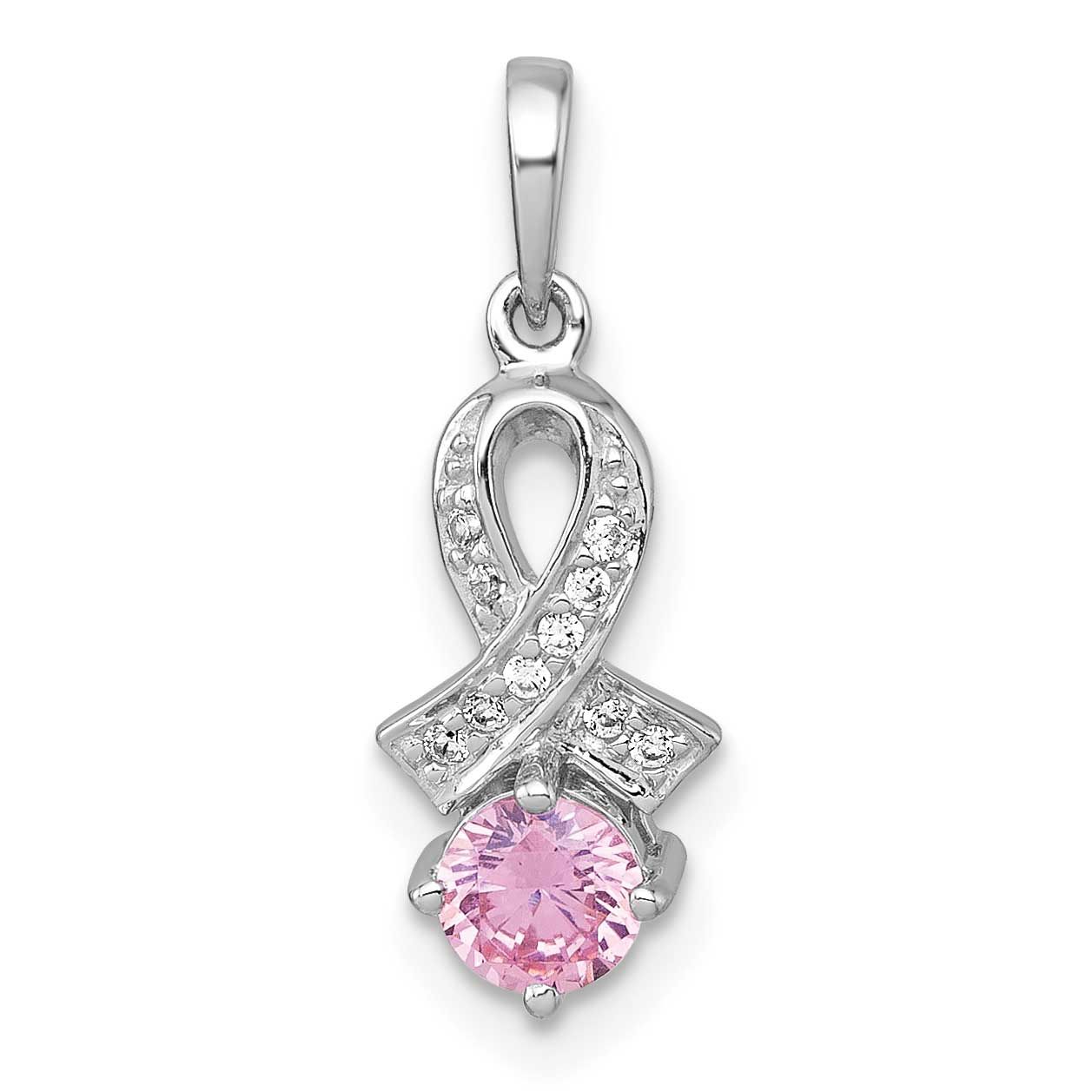 Pink &amp; White CZ Awareness Ribbon Pendant Sterling Silver Rhodium-Plated Polished, MPN: QG7239P, UPC: