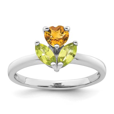 Polished Heart Citrine and Peridot Flower Ring Sterling Silver Rhodium-Plated, MPN: QR7657CI_PE, UP…