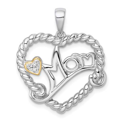14k Accent Polished CZ Mom Rope Heart Pendant Sterling Silver Rhodium-Plated, MPN: QC11556, UPC: