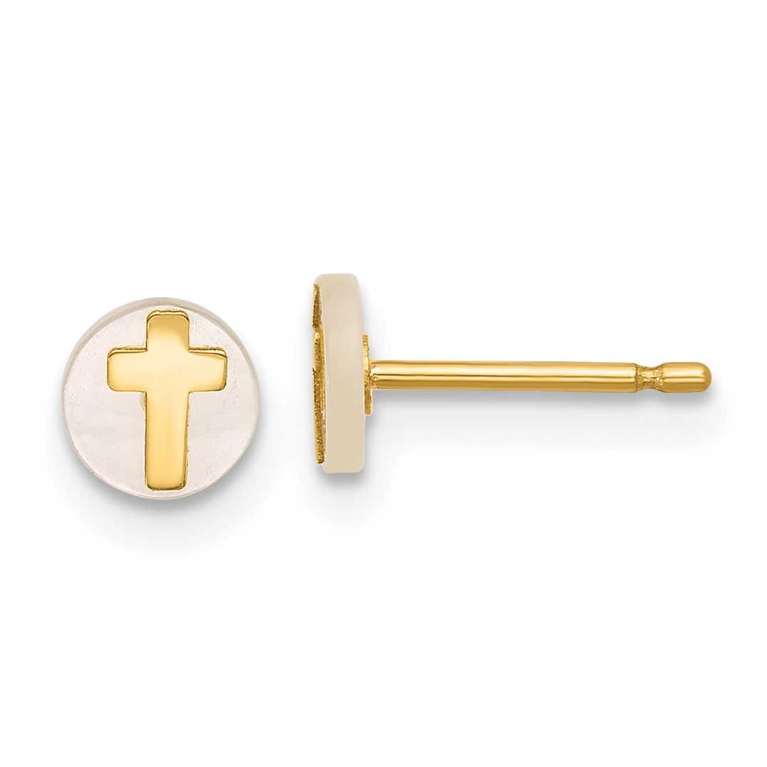 Round Mother of Pearl with Cross Post Earrings 14k Gold Polished, MPN: YC1634, UPC: