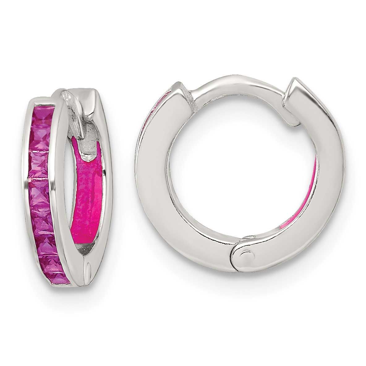 Pink CZ and Pink Enamel In and Out 13mm Hinged Round Hoop Earrings Sterling Silver Polished, MPN: Q…