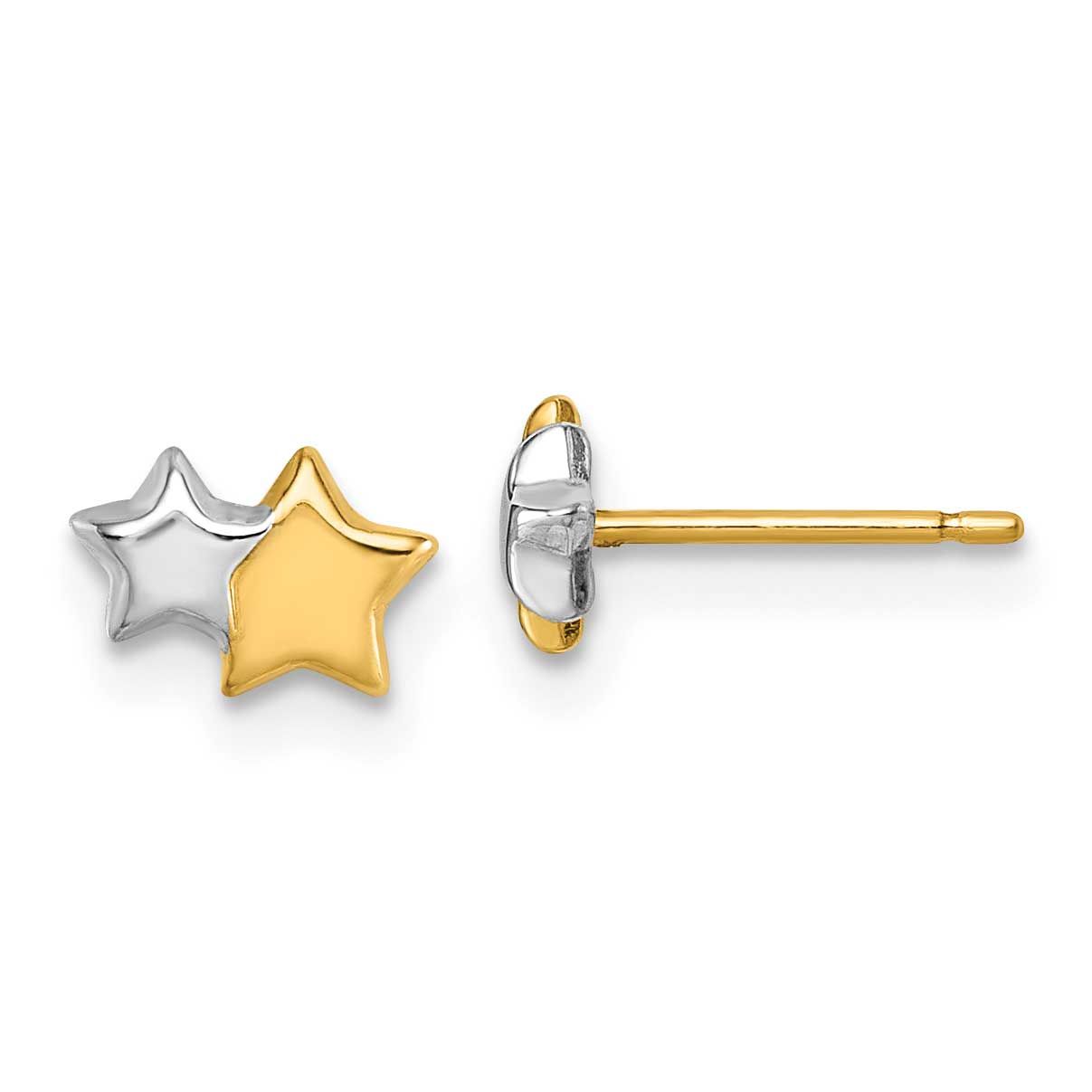 Polished Double Star Post Earrings 14k Gold with Rhodium, MPN: YC1635, UPC: