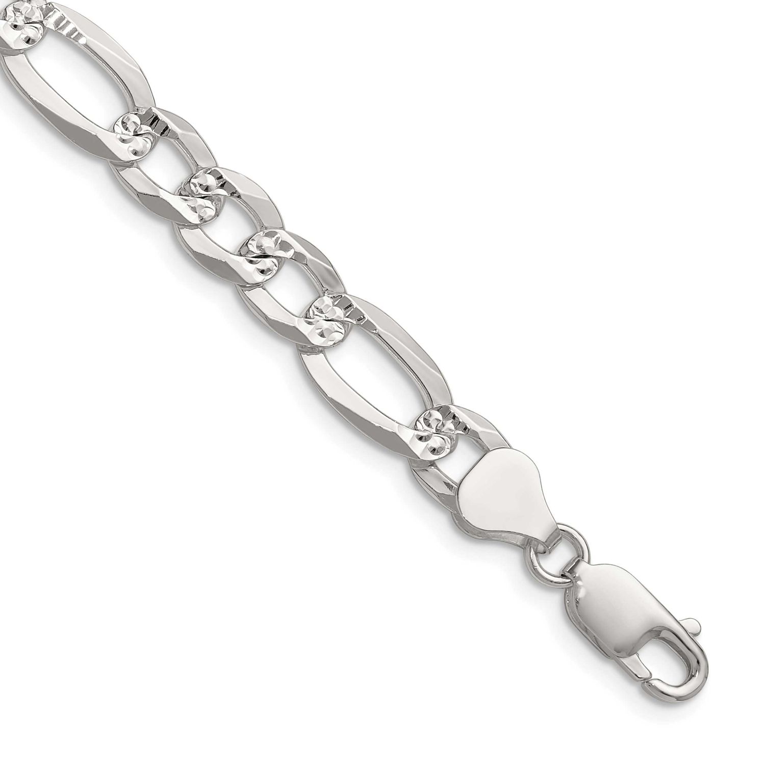 8.0mm Flat Diamond-cut Pave Figaro Chain 22 Inch Sterling Silver, MPN: QPF180-22, UPC: