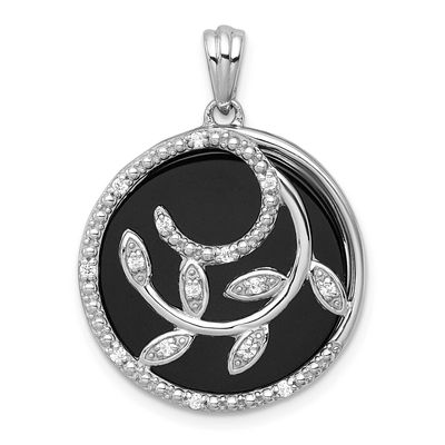 Polished Onyx Circle and CZ Leaves Pendant Sterling Silver Rhodium-Plated, MPN: QP5943, UPC: