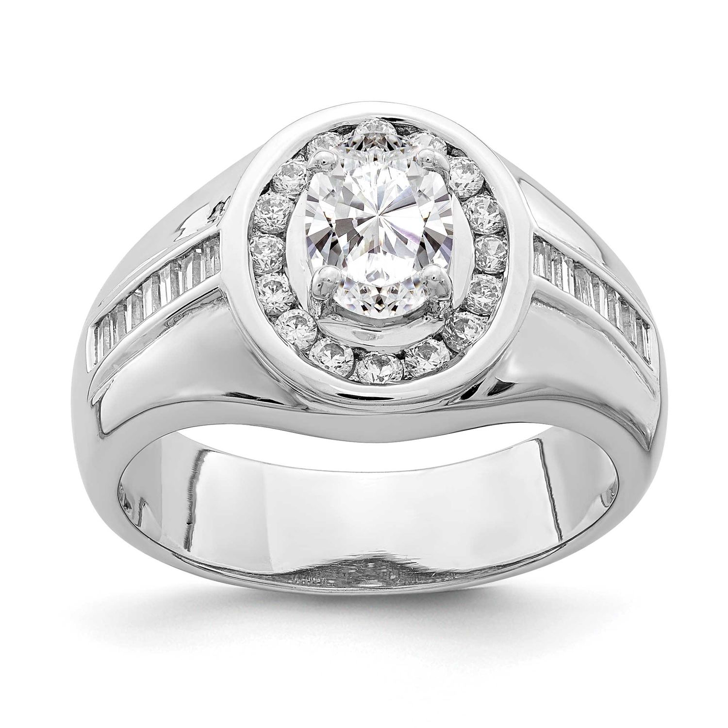 Oval CZ &amp; Baguettes Halo Ring Sterling Silver Rhodium-Plated, MPN: QR6942, UPC: