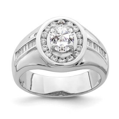 Oval CZ &amp; Baguettes Halo Ring Sterling Silver Rhodium-Plated, MPN: QR6942, UPC: