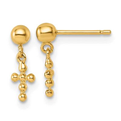 Beaded Cross Dangle Post Earrings 14k Gold Polished, MPN: YC1632, UPC: