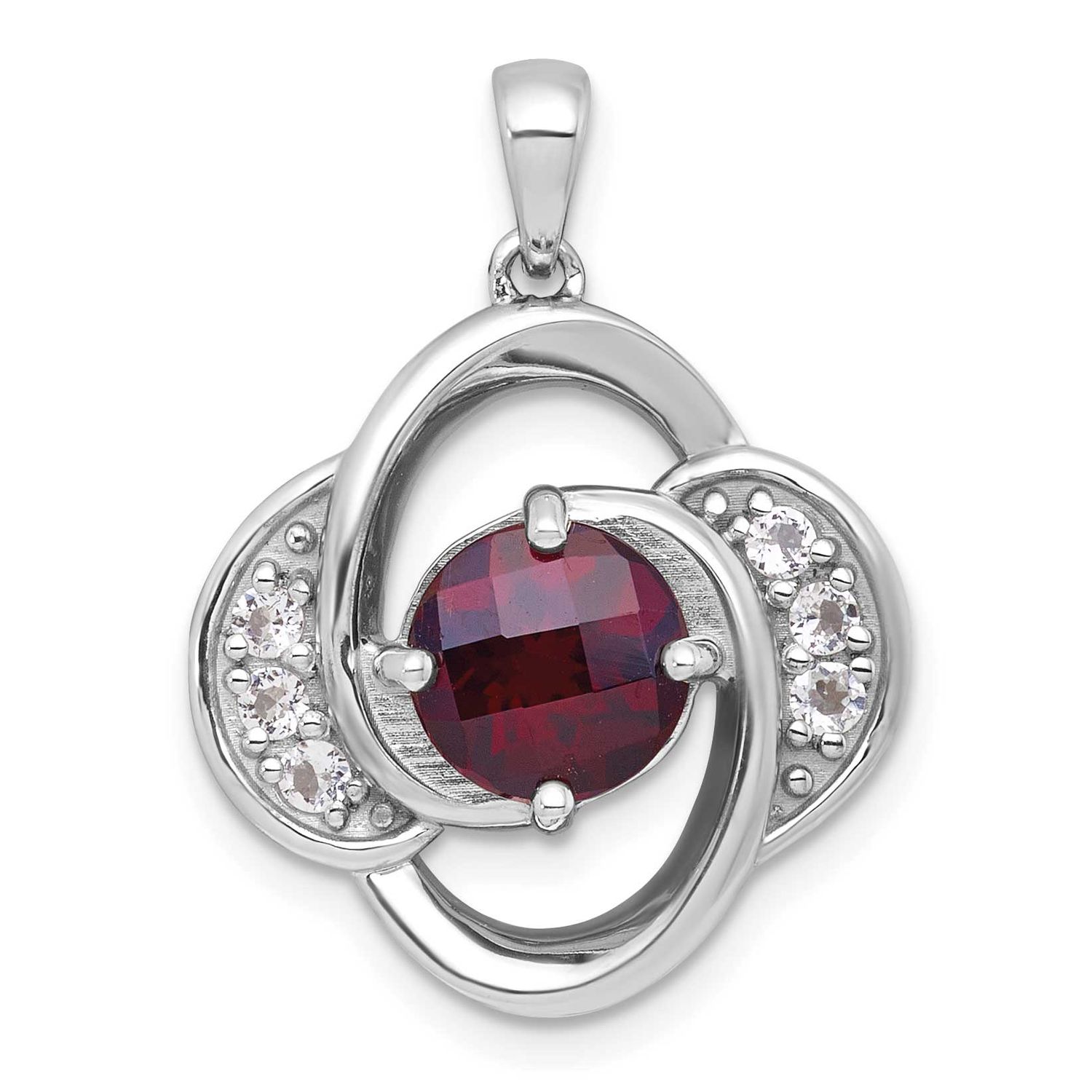 Polished Checker-Cut Round Garnet and White Topaz Pendant Sterling Silver Rhodium-Plated, MPN: QP60…