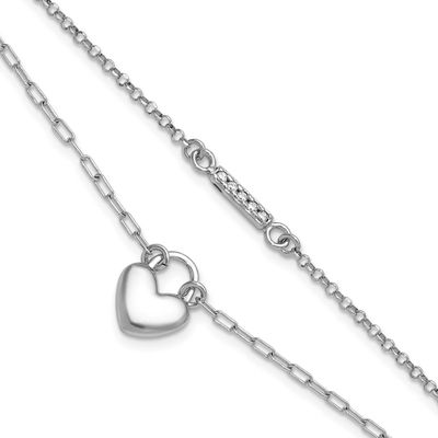 CZ Puffed Heart 7 Inch with 1 Inch Extender 2-Strand Bracelet Sterling Silver Rhodium-Plated, MPN: …