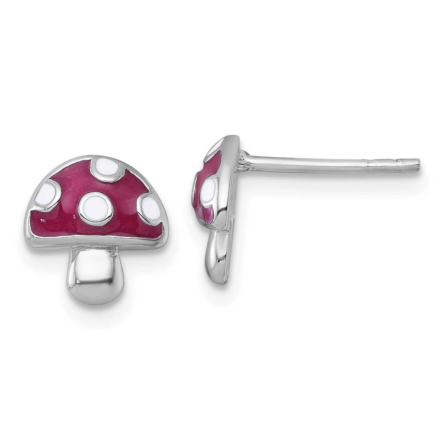 Enameled Mushroom Post Earrings Sterling Silver Rhodium-Plated Polished, MPN: QG7221E, UPC: