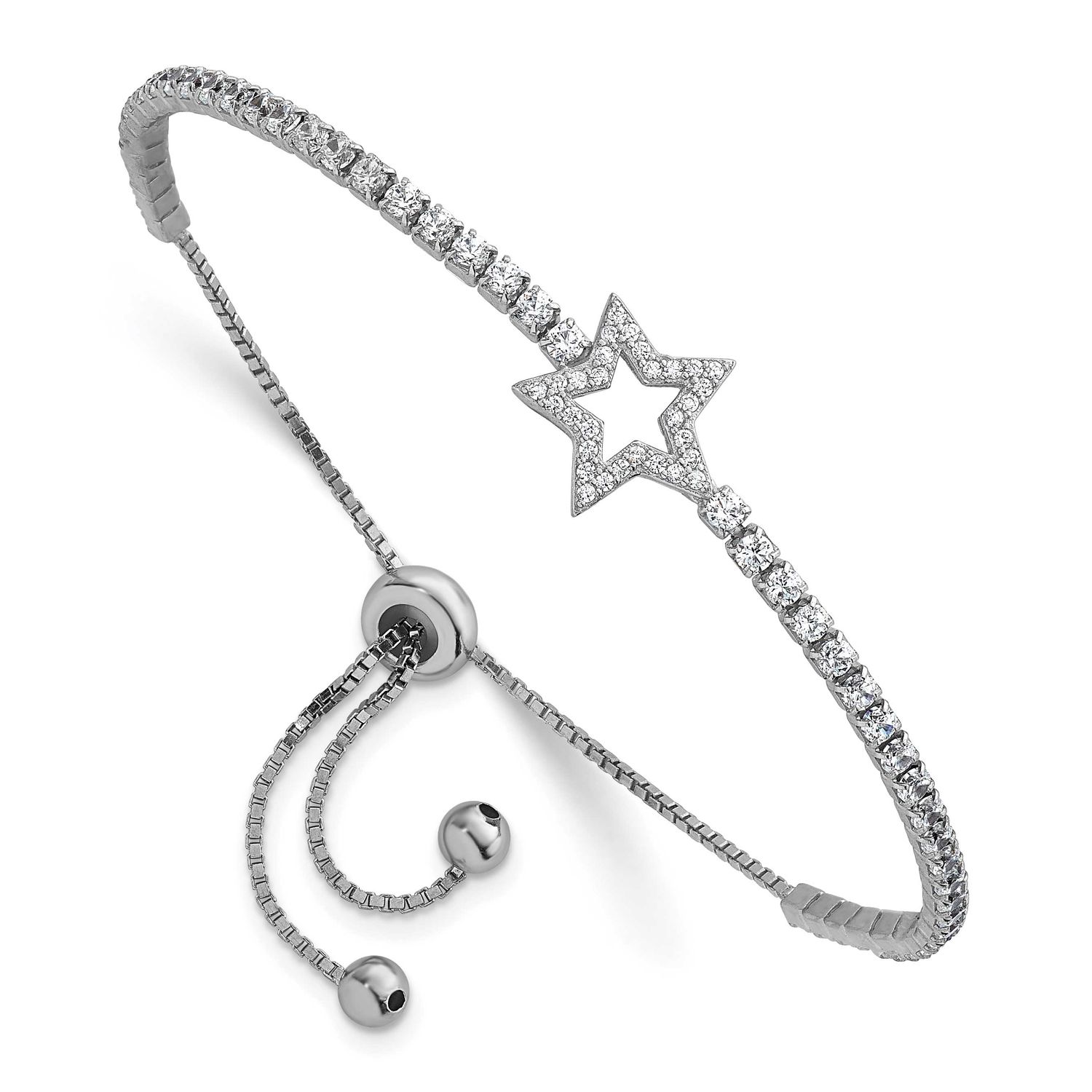 CZ Star Adjustable Bolo Bracelet Sterling Silver Rhodium-Plated, MPN: QG6807, UPC: