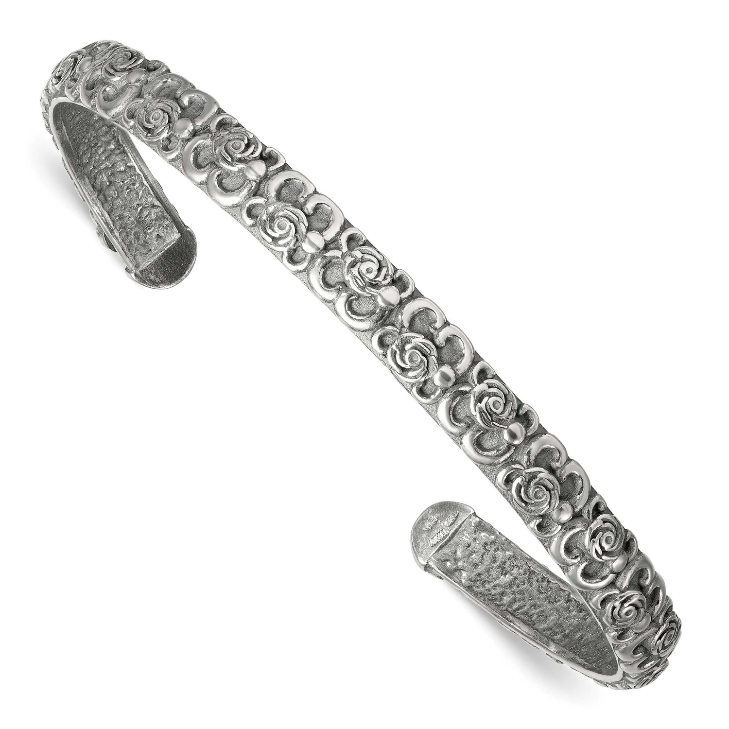 Floral Cuff Bangle Bracelet Sterling Silver Antiqued, MPN: QG6975B, UPC: