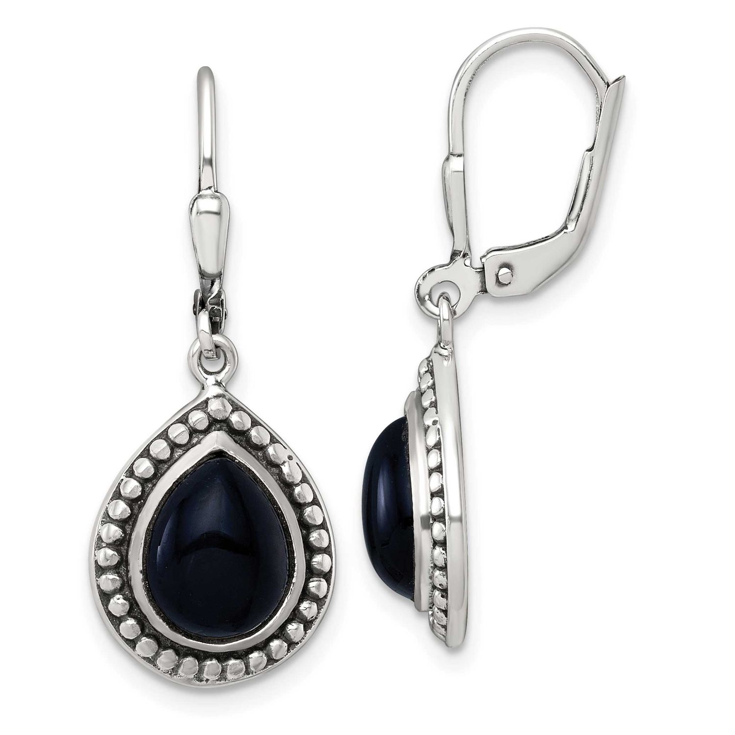 Onyx Teardrop Cabochon Leverback Dangle Earrings Sterling Silver Antiqued, MPN: QE18191, UPC: