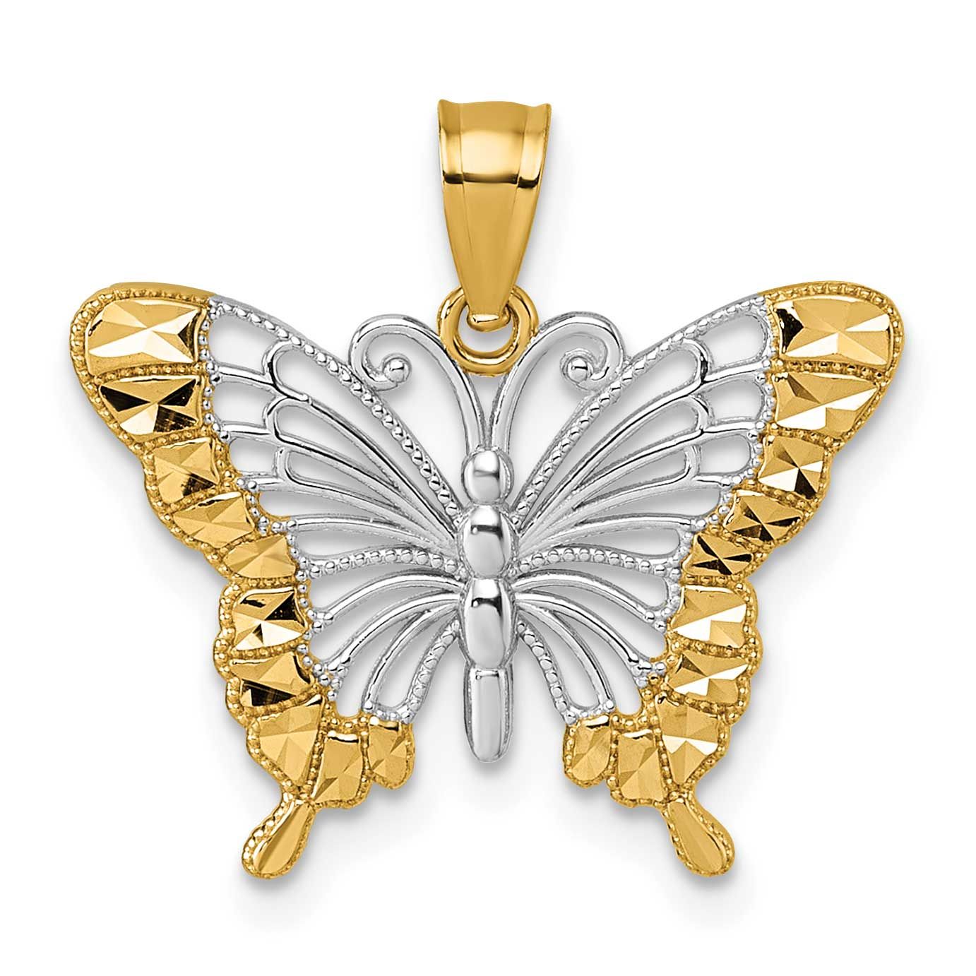 Rhodium Diamond Cut Polished Butterfly Pendant 14k Gold, MPN: K10026, UPC: