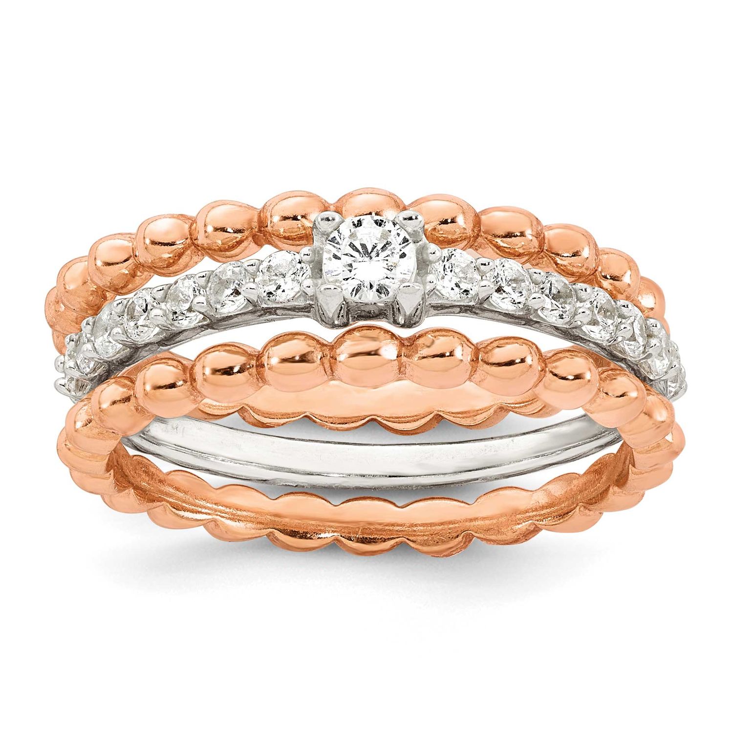 Rose-Tone Polished Beaded CZ 3 Ring Set Sterling Silver, MPN: QR7739, UPC: