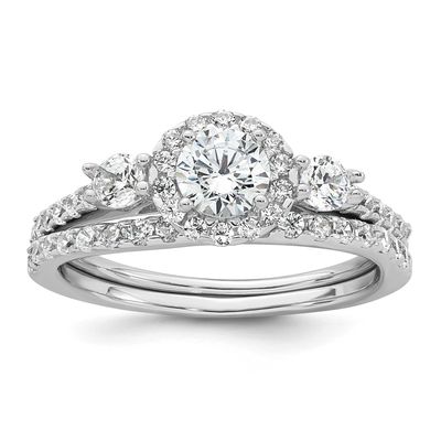 CZ 3-Stone Halo Engagement Ring Set Sterling Silver Rhodium-Plated Polished, MPN: QR7740, UPC: