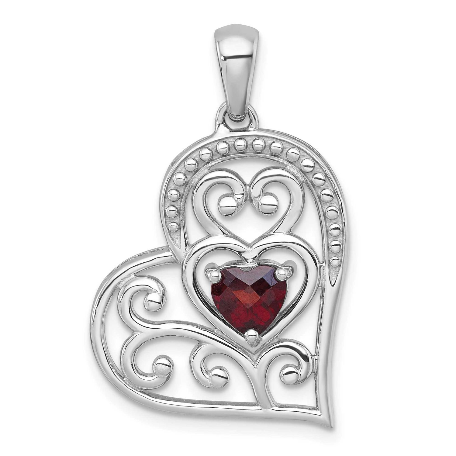 Polished and Beaded Garnet Filigree Heart Pendant Sterling Silver Rhodium-Plated, MPN: QP6013GA, UP…