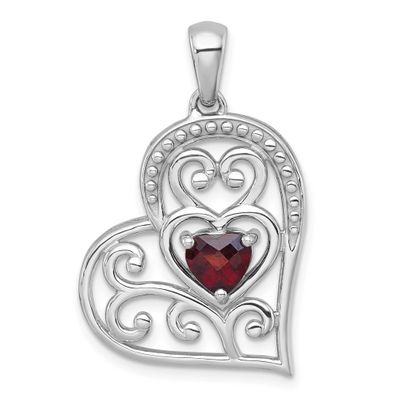 Polished and Beaded Garnet Filigree Heart Pendant Sterling Silver Rhodium-Plated, MPN: QP6013GA, UP…